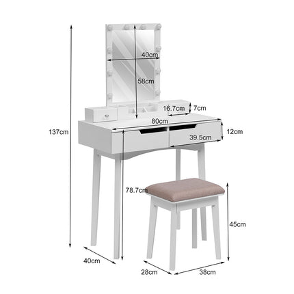 White 80cm Modern Makeup Dressing Desk Set with Lighted Mirror and Stool