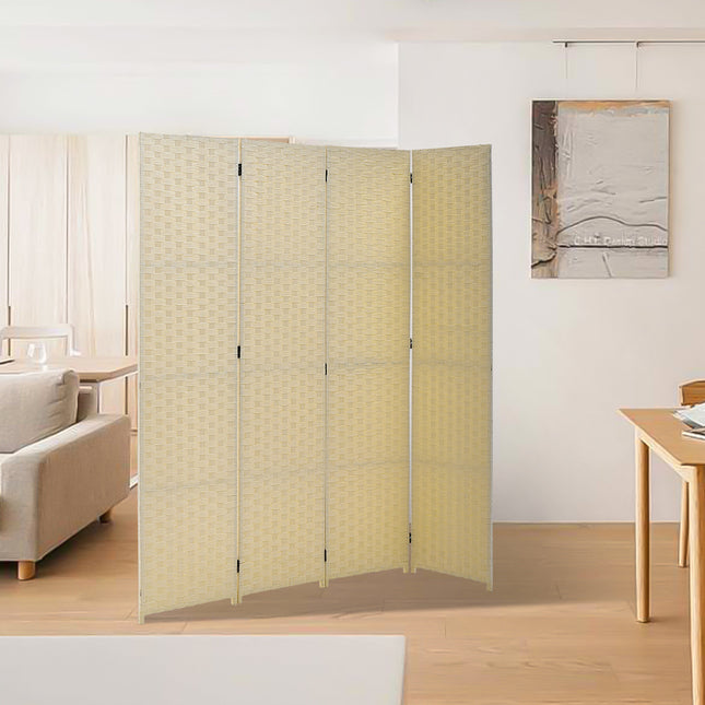 Folding room divider privacy screen with four panels made of ivory woven fiber