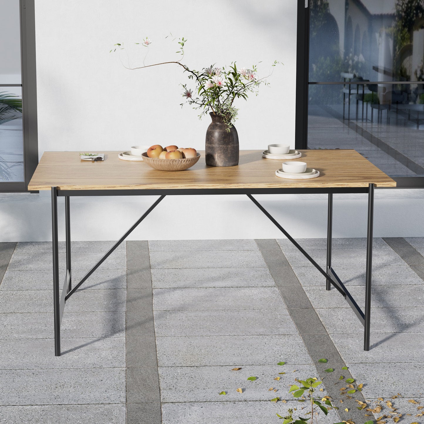 4 Seats Rustic Dining Table with Black Metal Base