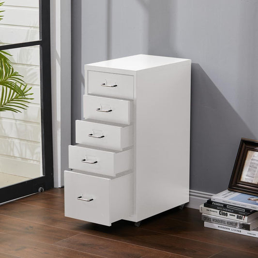 Office Rolling File Cabinet with 5 Drawers Shelf and Wheels White