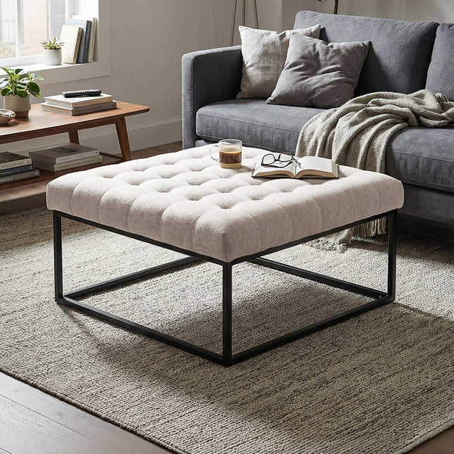 Square Linen Footstool with Metal Frame