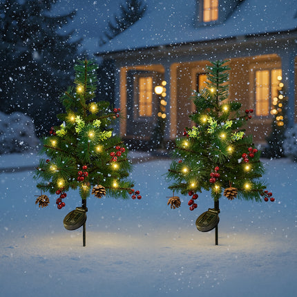 Set of 2 Solar-Powered Artificial Christmas Tree Decorations with Lights