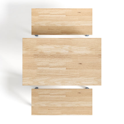 Three contemporary wood dining tables and benches in grey