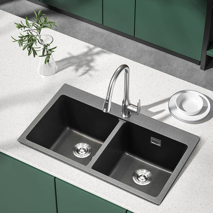 Grey Quartz Undermount Kitchen Sink Double Bowl