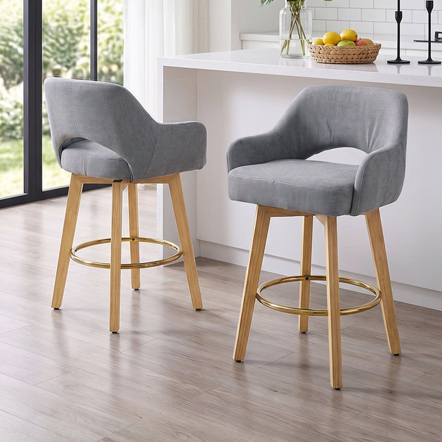 Set of 2 Swivel Chenille Upholstered Bar Stools with Wooden Legs