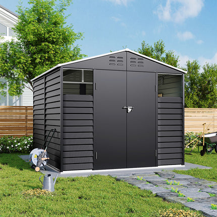 Charcoal Steel Tool Shed with Front Windows and Ventilation