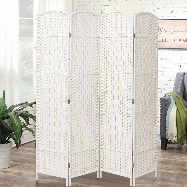 White Solid Weave Wicker Wood Room Divider 4 Panel 160×170cm