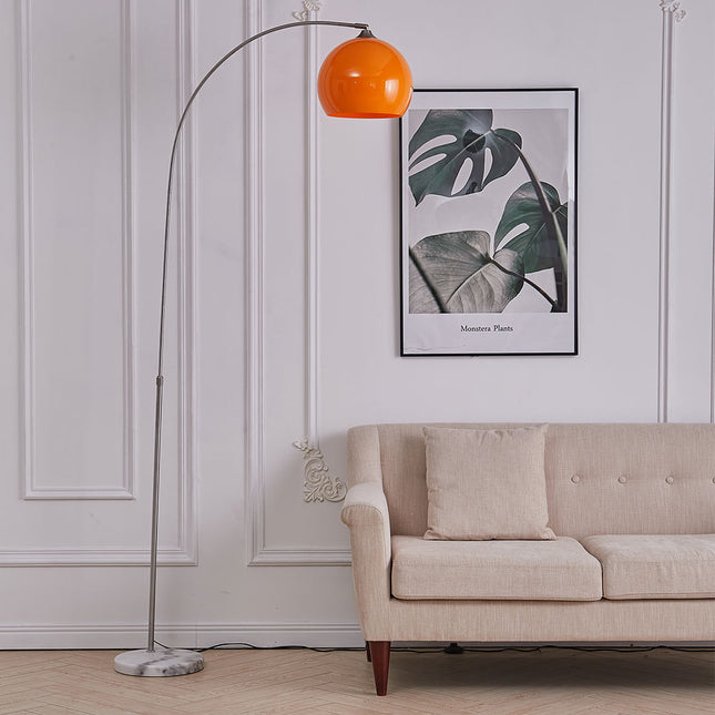 Arched Floor Lamp Tall Curved Design with Marble Base Orange and White Lampshade 145 to 220CM