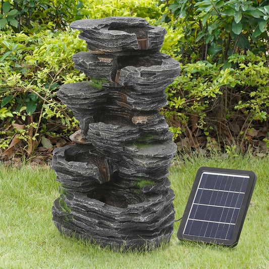 5 Tier Bowl Outdoor Solar Powered Water Fountain Rockery Decor with LED Light