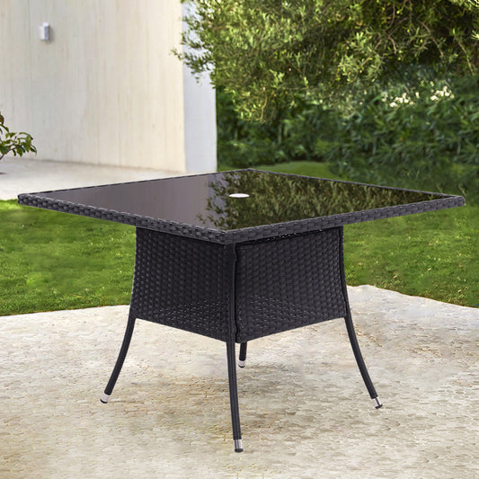 105CM Patio Garden Square Rattan Glass Table With Umbrella Hole Black