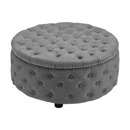Round Chesterfield Linen Sturdy Footstool with Buttoned Edge