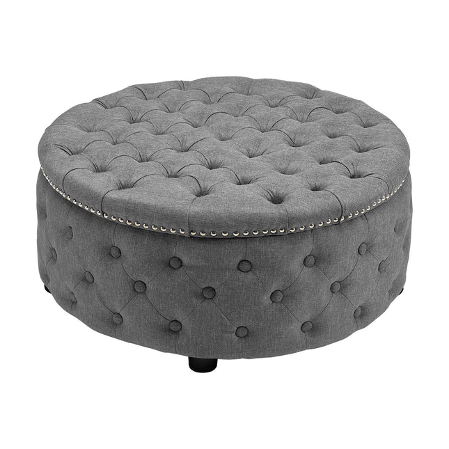 Round Chesterfield Linen Sturdy Footstool with Buttoned Edge
