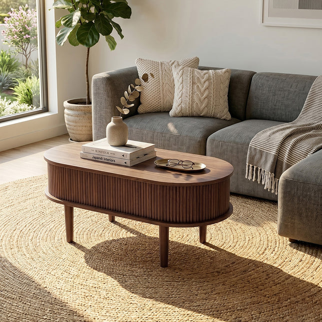 Wooden Oval Lift-Top Coffee Table with Hidden Compartment