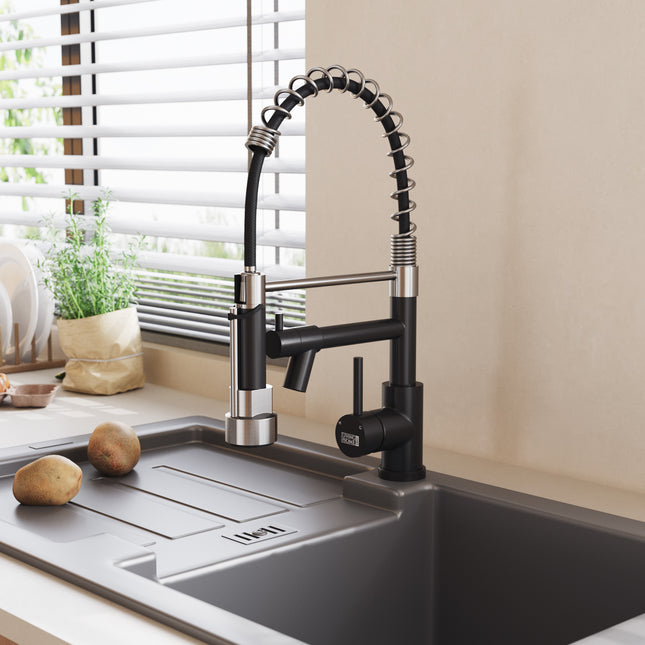 Chrome Black Stainless Steel Kitchen Faucet with Pull Down Spring Spout