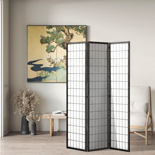 Black 3 Panel Solid Wood Folding Room Divider Privacy Screen