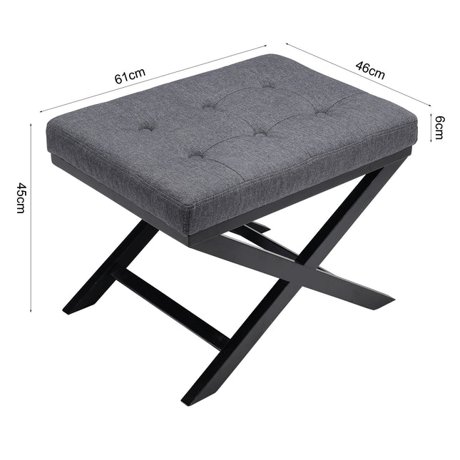 Linen Buttoned Footstool with X shaped Legs