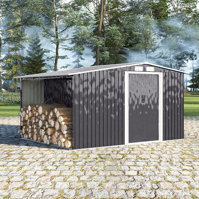 Steel Garden Storage Shed with Gable Roof Top and Firewood Storage