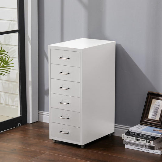 Office Rolling File Cabinet with 6 Drawers Shelf and Wheels White