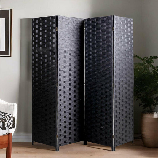 Black Woven Fiber 4 Panel Folding Room Divider