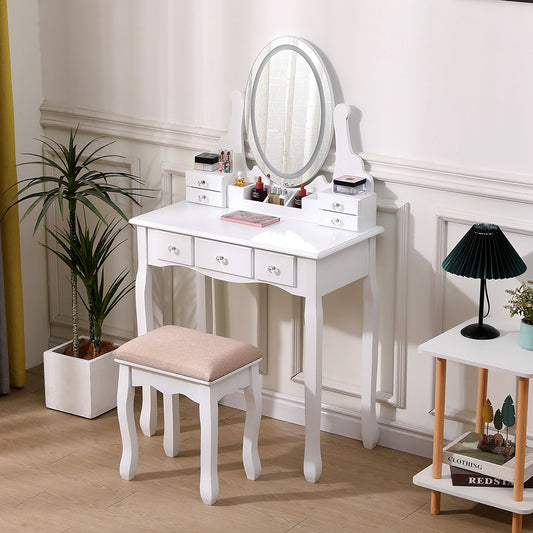 White Makeup Vanity Desk Set with LED Three Color Adjustable Light