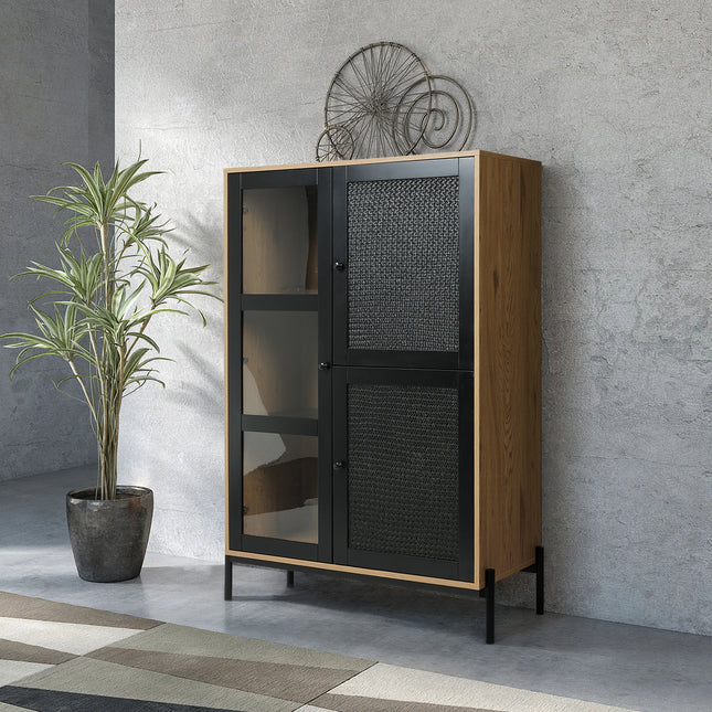 7 Cubes Stylish Modern Cabinet with Glass and Woven Straw Doors