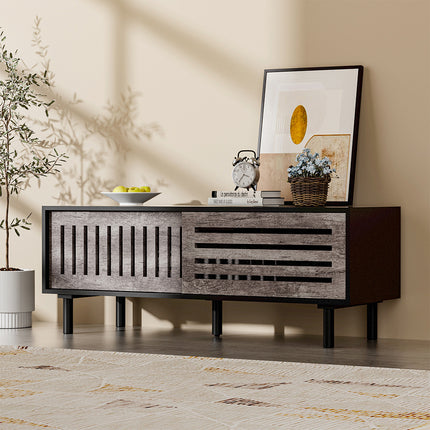 Black Slatted Sliding Door Living Room TV Stand