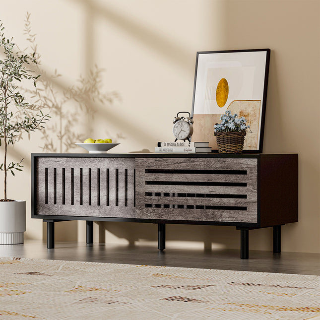 Black Slatted Sliding Door Living Room TV Stand