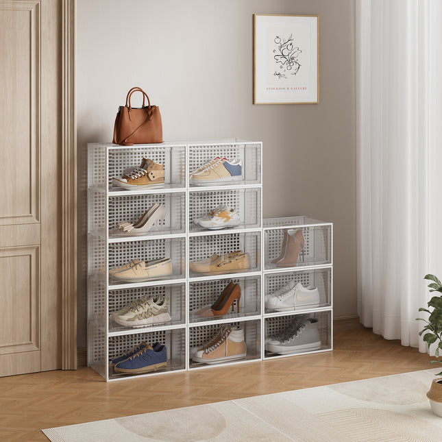 12 Pack White Stackable Foldable Plastic Shoe Boxes