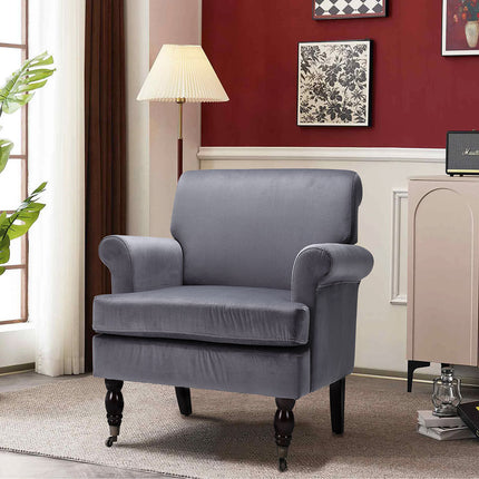 Contemporary Velvet Armchair with Wood Legs and Front Casters