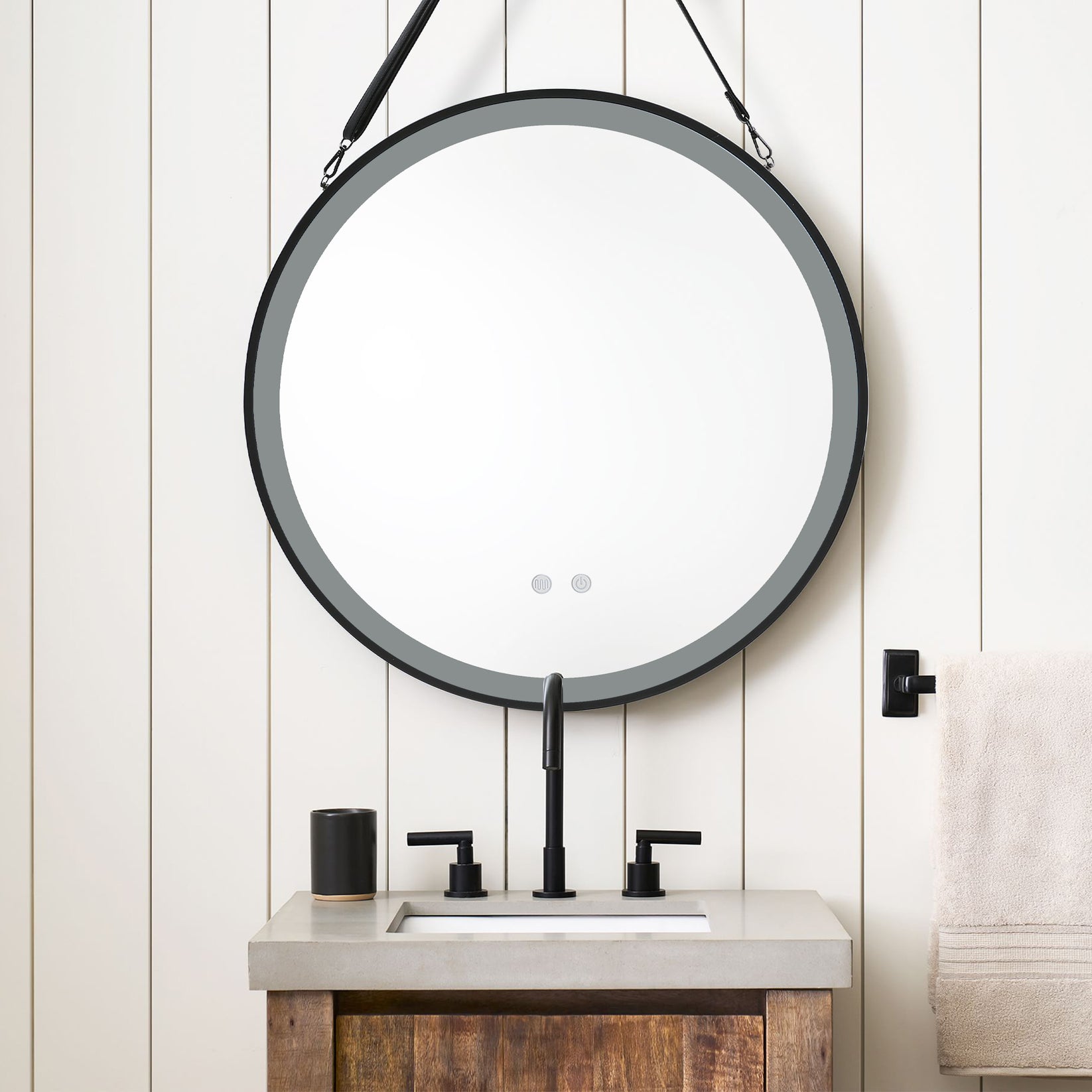 Black 60cm Round Metal LED Mirror with Hanging Strap – Bathroom Deco