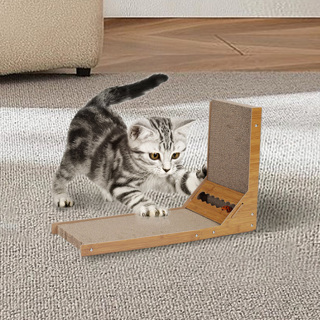 Corrugated L-shaped Cat Scratcher with Toys
