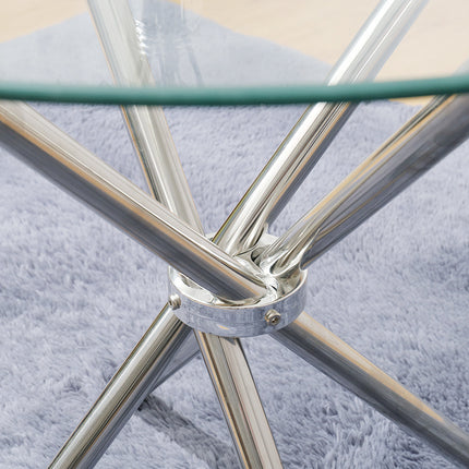 Tempered Glass Crossover Round Dining Table with 4 Chrome Legs