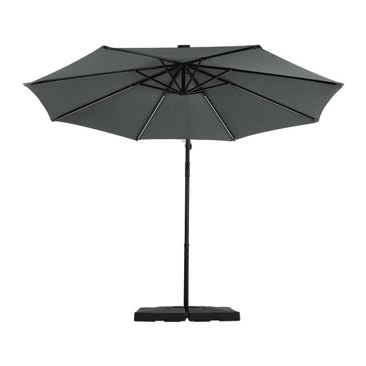 3x3M Dark Grey Cantilever Banana Parasol with Solar Lights and Cross Base