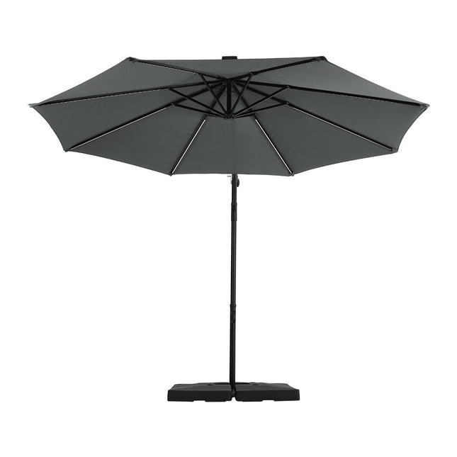 3x3M Dark Grey Cantilever Banana Parasol with Solar Lights and Cross Base