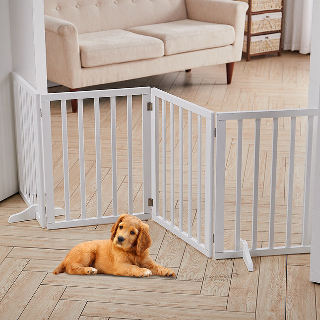 Foldable Wood Pet Free Standing Indoor Gate White 4 Panels