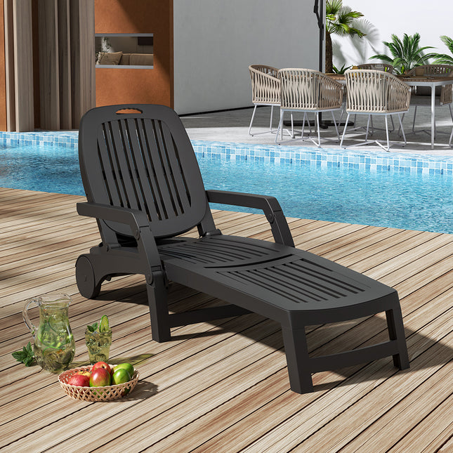 Black and White Outdoor Folding Lounge Chair Recliner with Wheels 193cm L