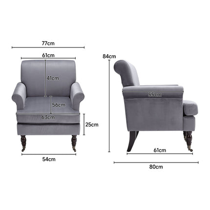 Contemporary Velvet Armchair with Wood Legs and Front Casters
