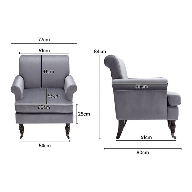 Contemporary Velvet Armchair with Wood Legs and Front Casters