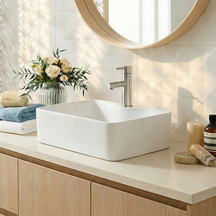 Rectangular Ceramic Countertop Basin with Central Drain Set