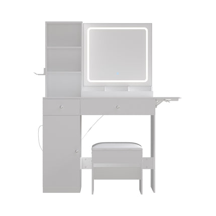 LED Illuminated Mirror Dressing Table Stool Set with Power Strip