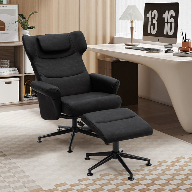 Swivel Recliner Armchair in Black Faux Leather with Footstool