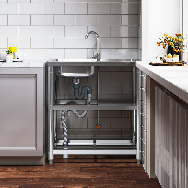 80cm H Silver Kitchen Stainless Steel One Compartment Sink with Shelves and Drainboard