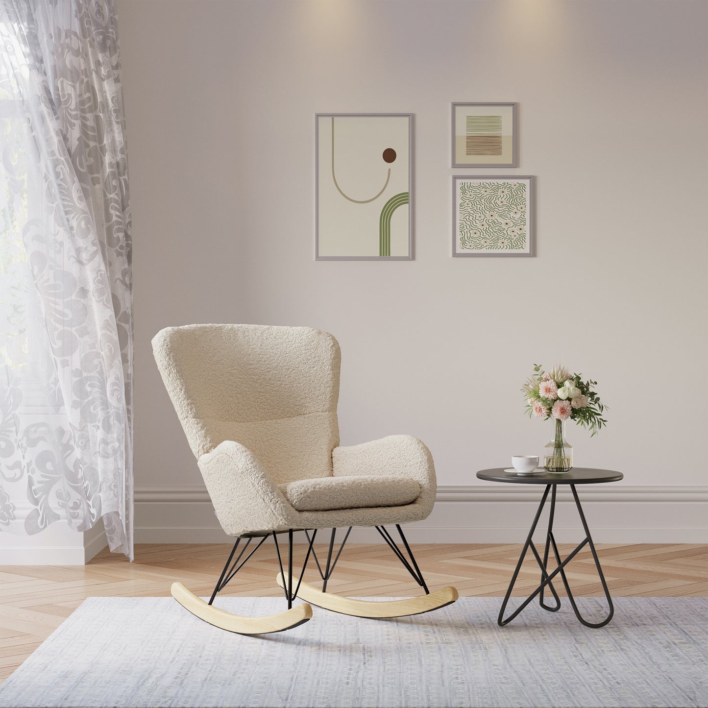 Beige Faux Wool Upholstered Rocking Chair