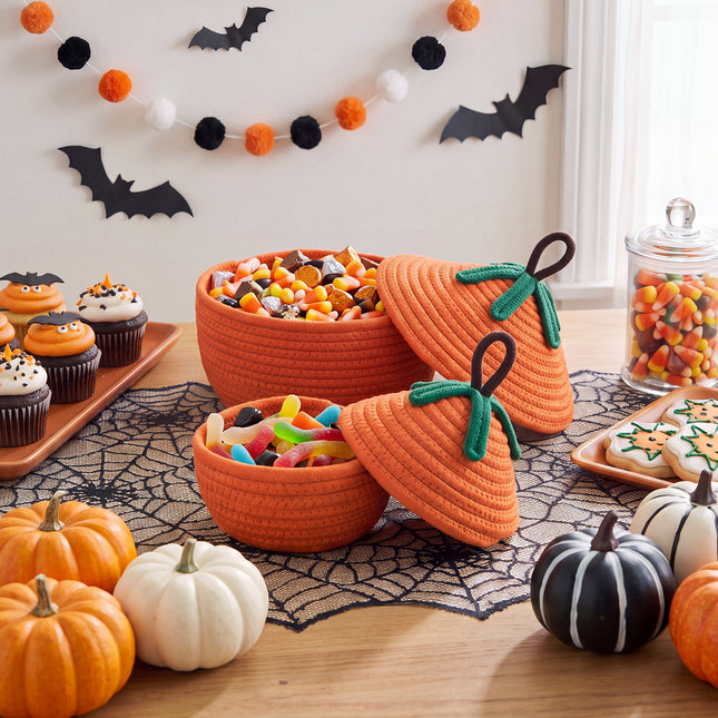 2-Piece Decorative Halloween Pumpkin Woven Baskets with Lids