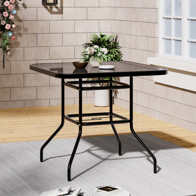 80CM Garden Glass Top Table With Umbrella Hole, Square