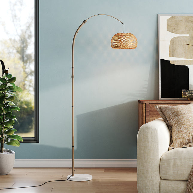 Vintage Style Floor Lamp with Bamboo Lampshade and Marble Base