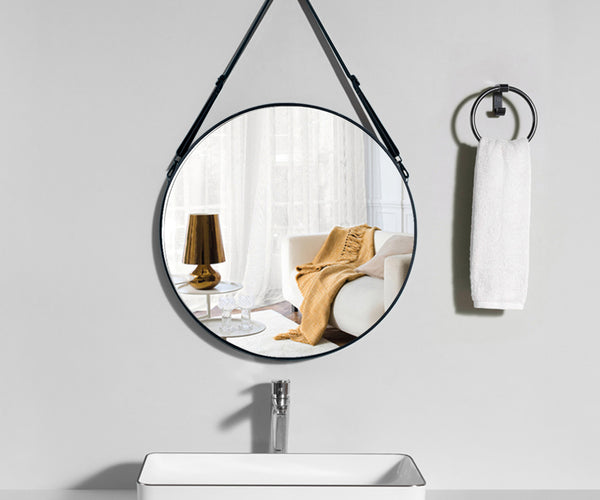 60 70cm Modern Round Hanging Mirror Adjustable Leather Strap