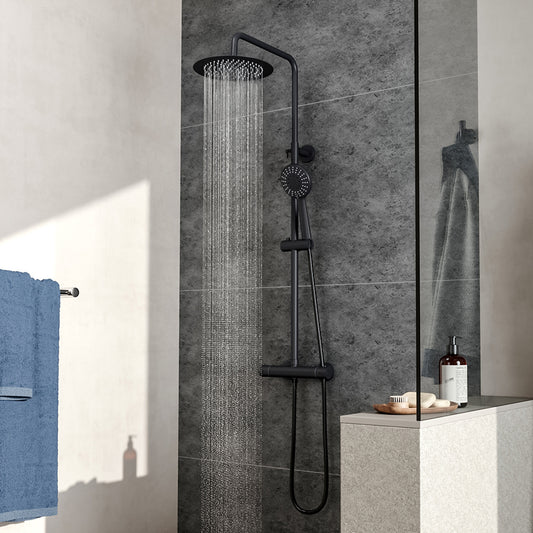 Thermostatic Round Bar Mixer Shower Set with Exposed Valve Black