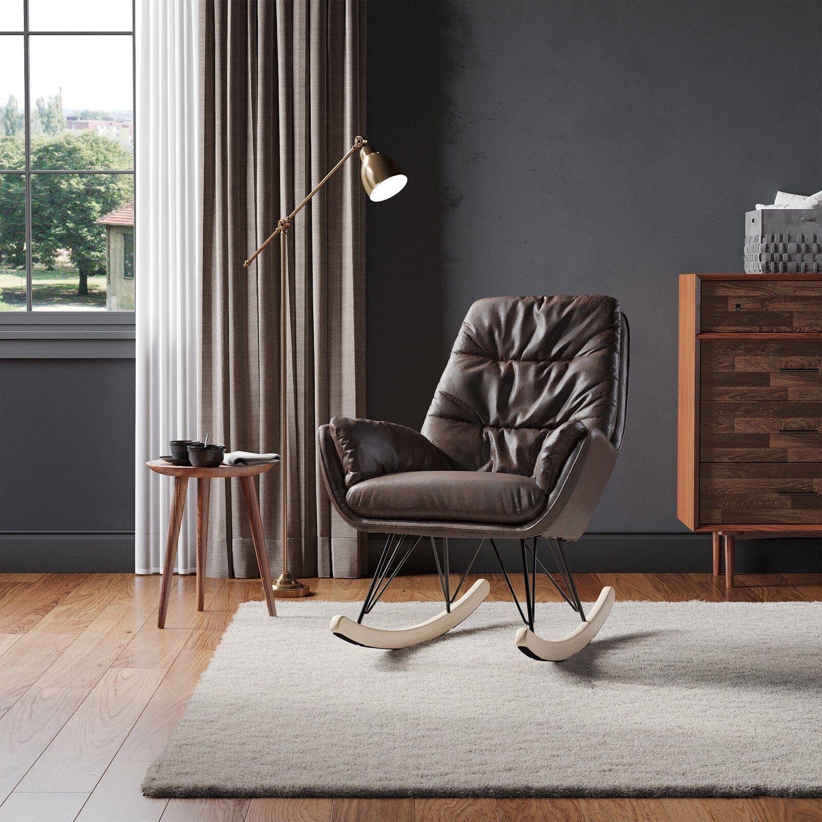 Modern Rocking Chair with Leather and Velvet Rocking Chairs Living and Home Brown (PU Leather) 