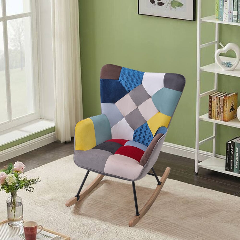Mid-Century Fabric Rocking Chair with Wood Legs and Patchwork Linen Rocking Chairs Living and Home 